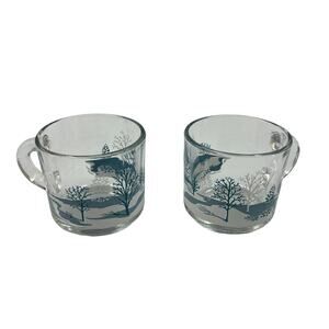 Vintage Anchor Hocking Clear Glass Coffee Tea Mugs Set 2 Christmas Winter 1970's